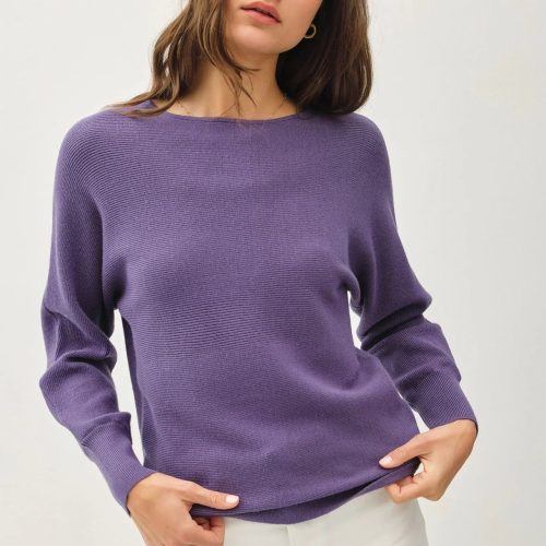 Purple Boat Neck Dolman Sleeve Ribbed Sweater with elegant long sleeves