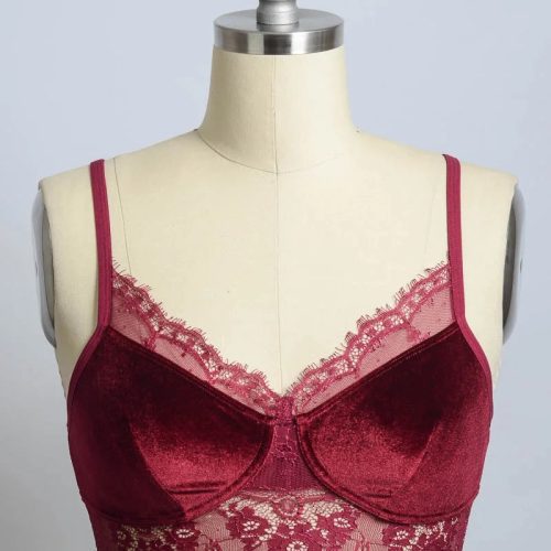 Red lace detailing on the VELVET AND LACE BOHO HALF CAMI for stylish lingerie options