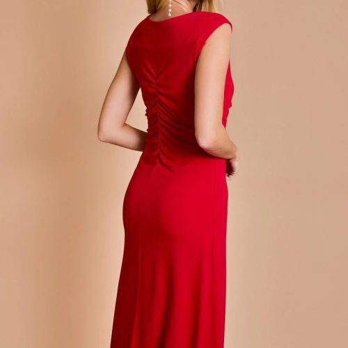 Red sleeveless midi dress showcasing back shirring detail in women’s boho chic clothing