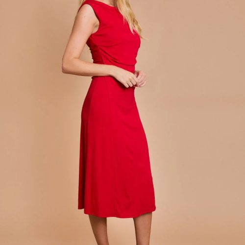 trendy bohemian red sleeveless midi back shirring detail dress daisy 218