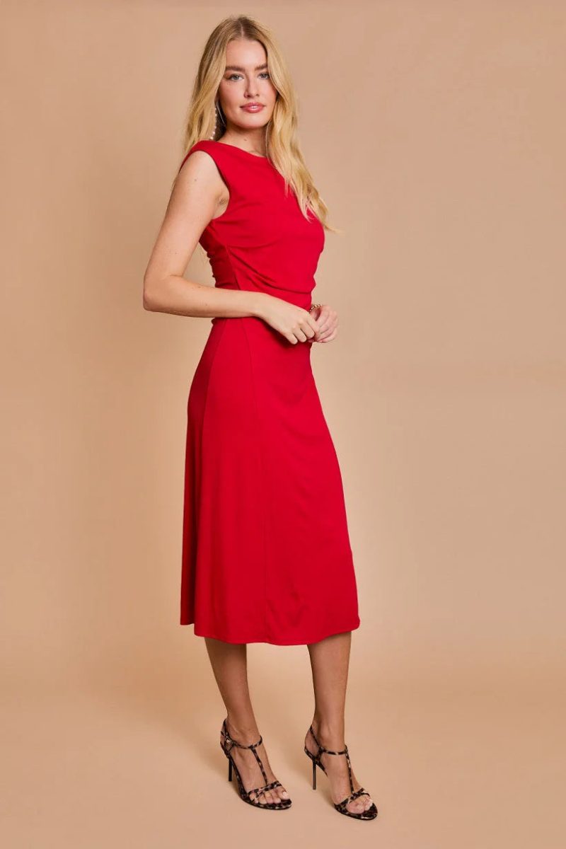 trendy bohemian red sleeveless midi back shirring detail dress daisy 218