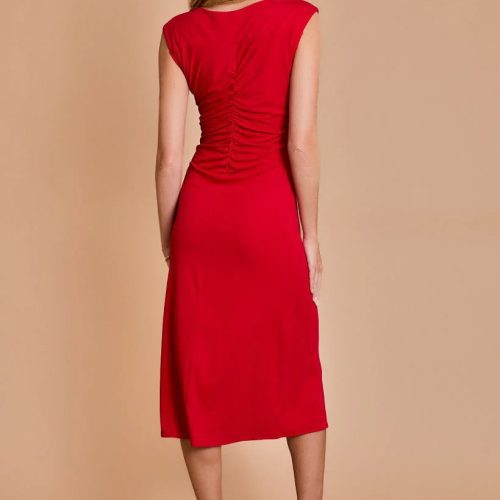 trendy bohemian red sleeveless midi back shirring detail dress daisy 483