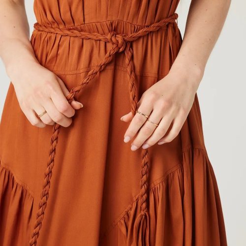 trendy bohemian rust colored sleeveless dress aura midi dress daisy 886