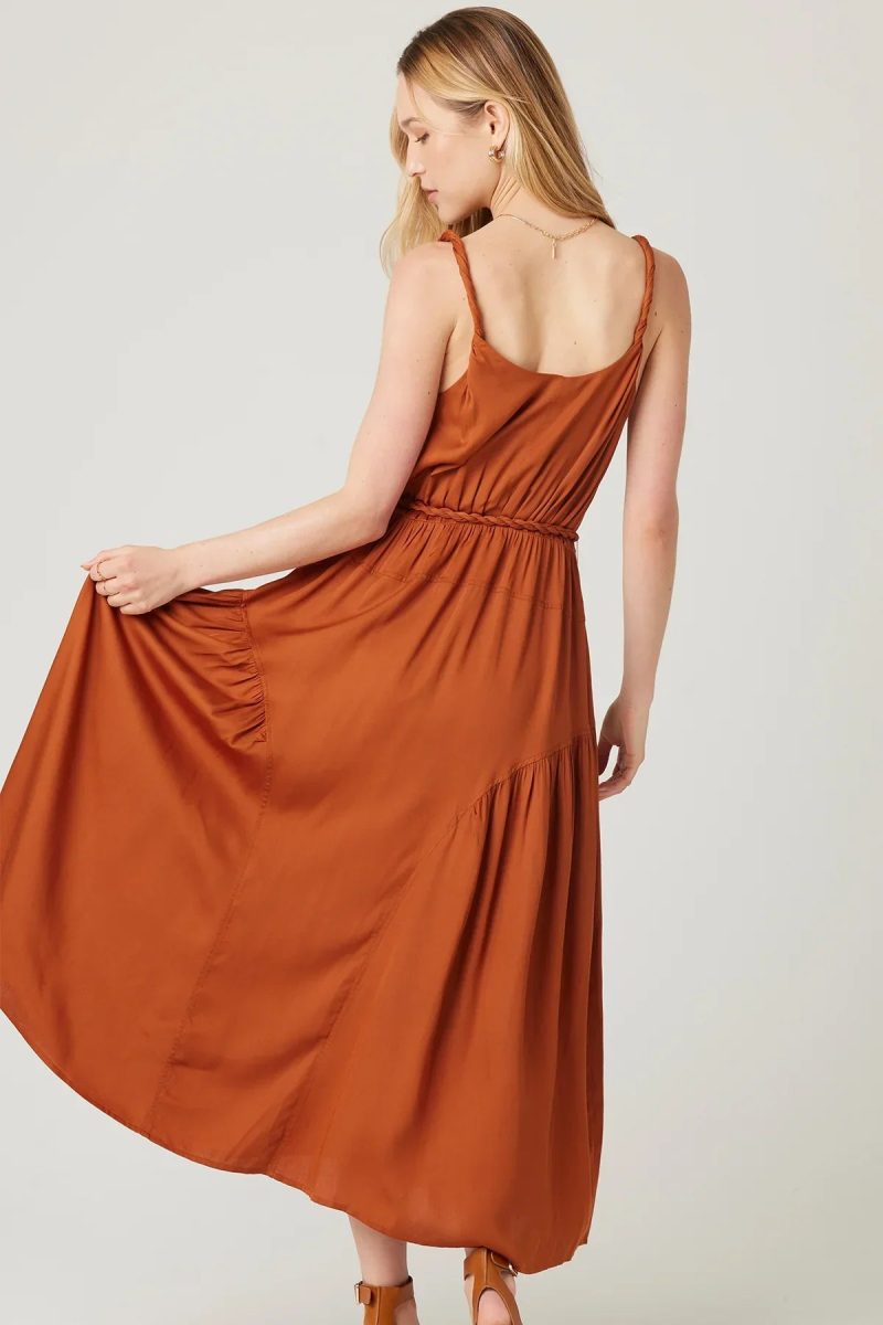 trendy bohemian rust colored sleeveless maxi aura midi dress daisy 243