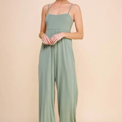 Sage green Babydoll wide leg jumpsuit with thin straps and square neckline