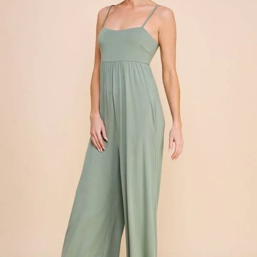 trendy bohemian sage green wide leg babydoll wide leg jumpsuit daisy 248