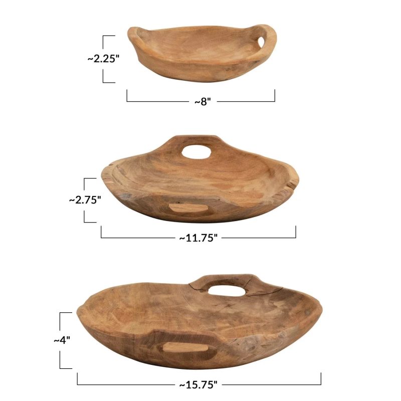 trendy bohemian set three wooden teak wood bowls with handles set 143