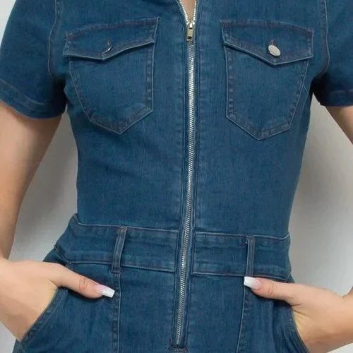 trendy bohemian short sleeved denim jumpsuit woven denim jumpsuit 391