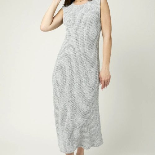 Sleeveless light gray ribbed knit maxi dress, perfect for boho and flowy styles