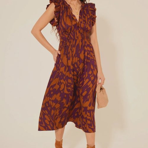 Sleeveless PASEO DE ORO DRESS in vibrant orange and purple floral boho pattern