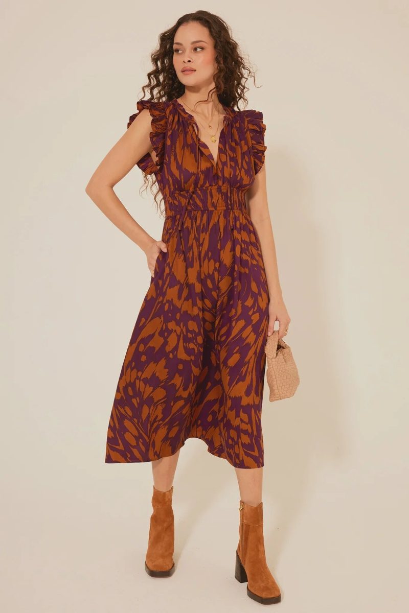 Sleeveless PASEO DE ORO DRESS in vibrant orange and purple floral boho pattern