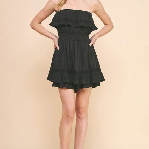 Bamboo Textured Strapless Ruffle Romper featuring a ruffled bodice and flared skirt