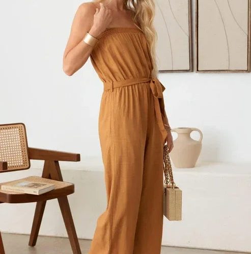 trendy bohemian strapless camel colored jumpsuit tie waist linen 860