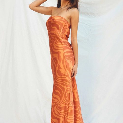 trendy bohemian strapless orange gown wilder days strapless bias cut 272