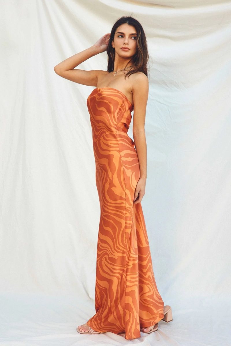 trendy bohemian strapless orange gown wilder days strapless bias cut 272