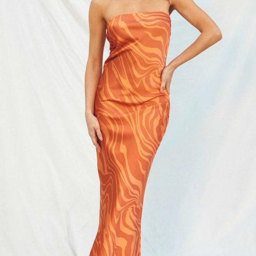 trendy bohemian strapless orange gown wilder days strapless bias cut 312