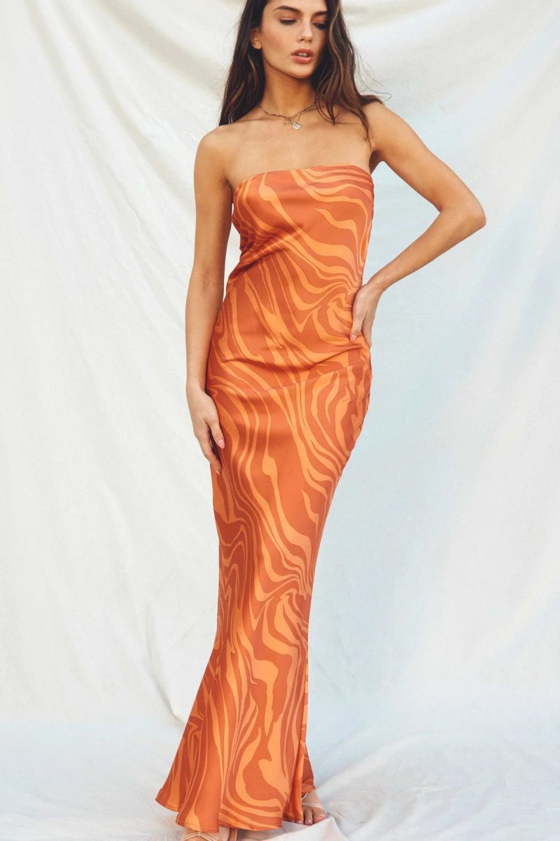 trendy bohemian strapless orange gown wilder days strapless bias cut 312