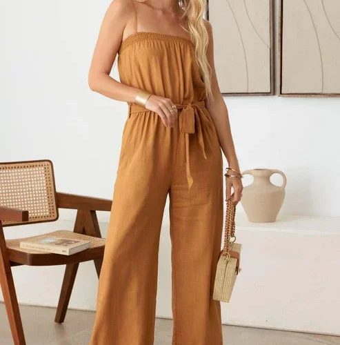 trendy bohemian strapless wide leg jumpsuit tie waist linen smocked 979