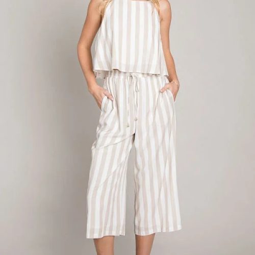 trendy bohemian striped jumpsuit white woven flowy culottes daisy 318