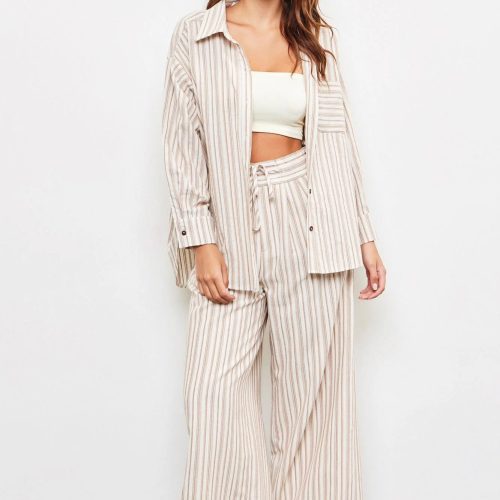 trendy bohemian striped linen pantsuit tied waist band wide stripe 293