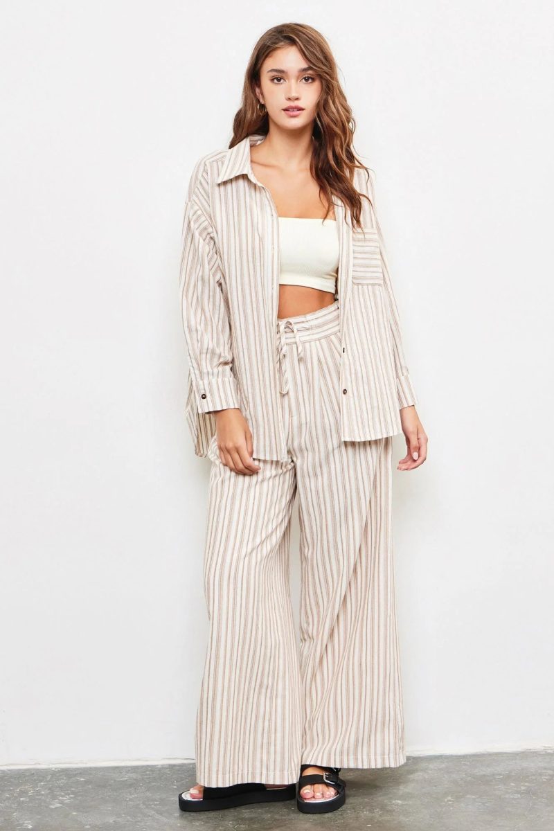 trendy bohemian striped linen pantsuit tied waist band wide stripe 293