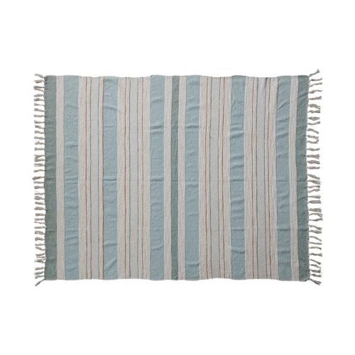 Striped woven cotton throw rug with fringe in muted blue, gray, and white tones