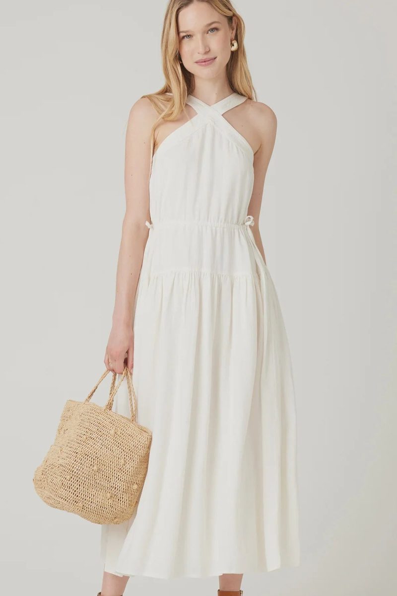 White halter-neck midi dress with gathered waist for a flowy boho chic style