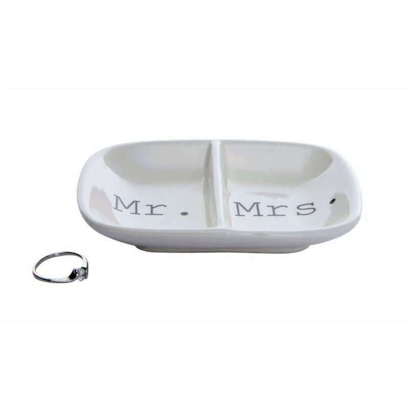 trendy bohemian white plate ring white ceramic 2 section mr and mrs 483