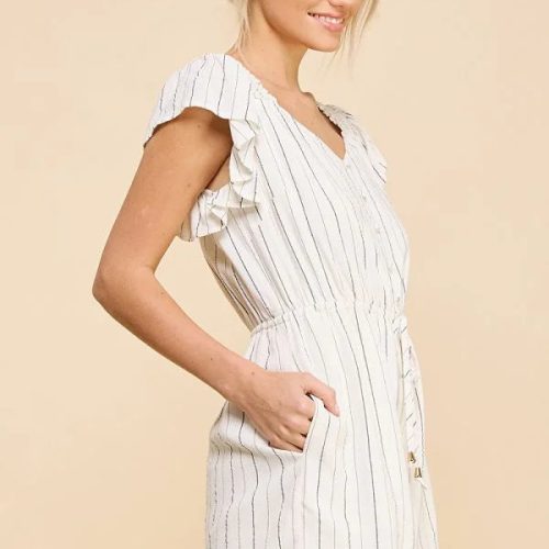 trendy bohemian white striped romper textured woven striped v neck 316