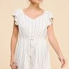 Textured woven striped romper with flutter sleeves and drawstring waist, stylish design