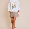 White Cheers Graphic Sweatshirt showcasing a colorful wine bottle design and the word cheers