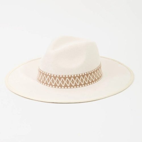 White wide-brimmed Boho Braided Band Fedora Hat with decorative tan band