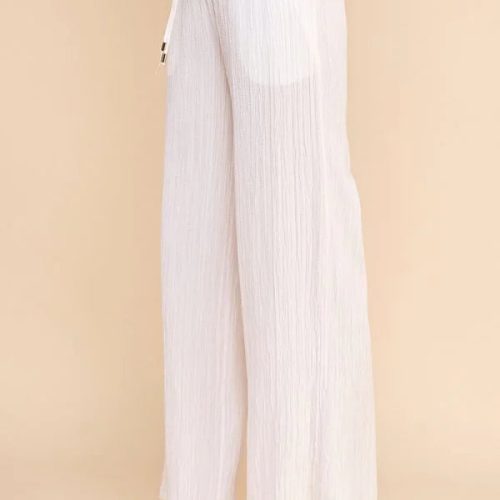 trendy bohemian white wide leg pants textured woven adjustable tie 269