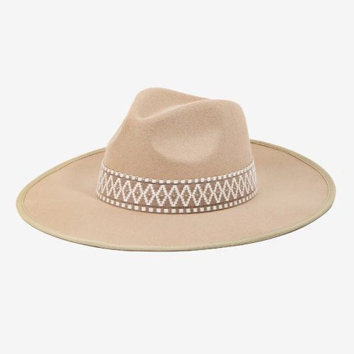 Wide-brimmed beige fedora hat with decorative boho braided band for stylish outfits