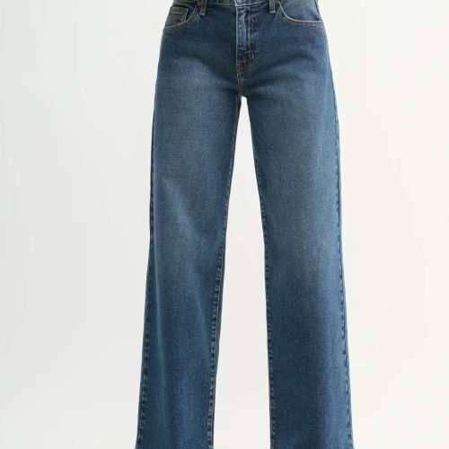 Wide-leg blue denim mid rise jeans with light stretch in a straight cut silhouette