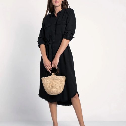 trendy bohemian woman black shirt button down denim midi dress daisy 901