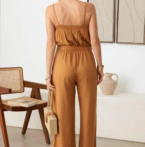 trendy bohemian woman caramel colored sleeveless tie waist linen 147