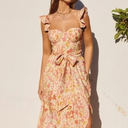 trendy bohemian woman floral print sunny days corset top maxi dress 520