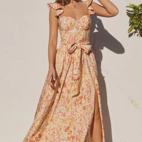 trendy bohemian woman floral print sunny days corset top maxi dress 742