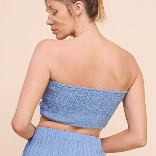 trendy bohemian woman light blue bamboo textured woven cinch bandeau 705