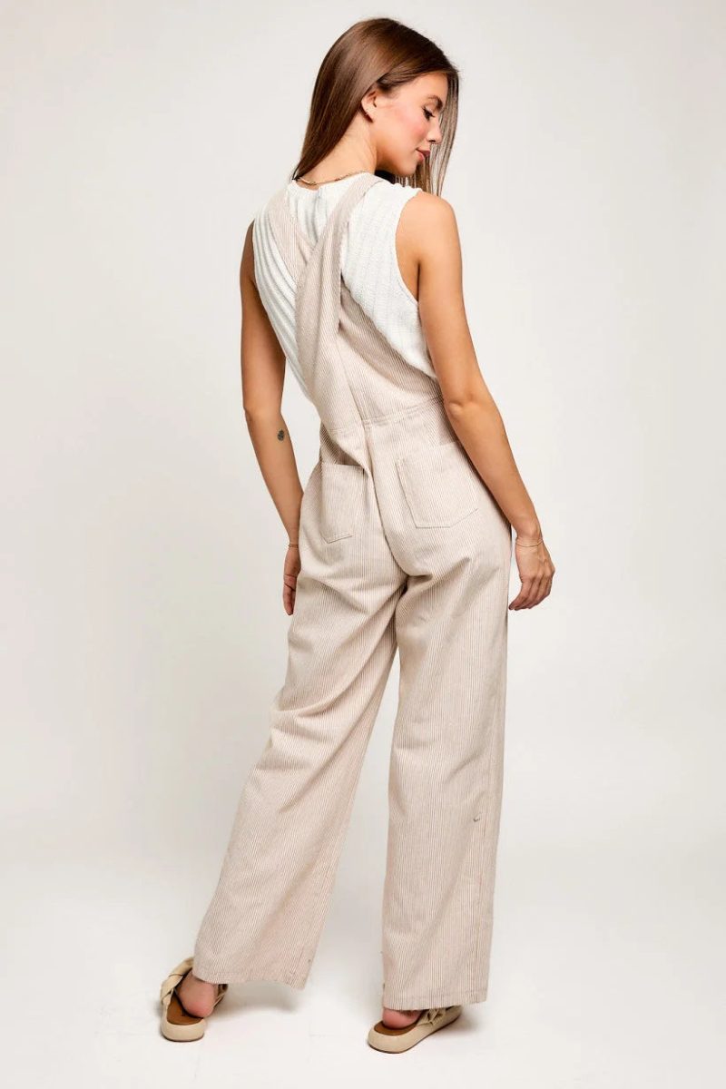 trendy bohemian woman sleeveless beige wide leg stripe jumpsuit 974