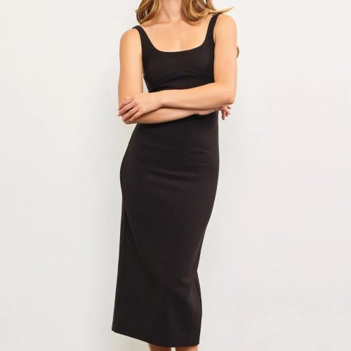 trendy bohemian woman sleeveless black back slit fitted long dress 452