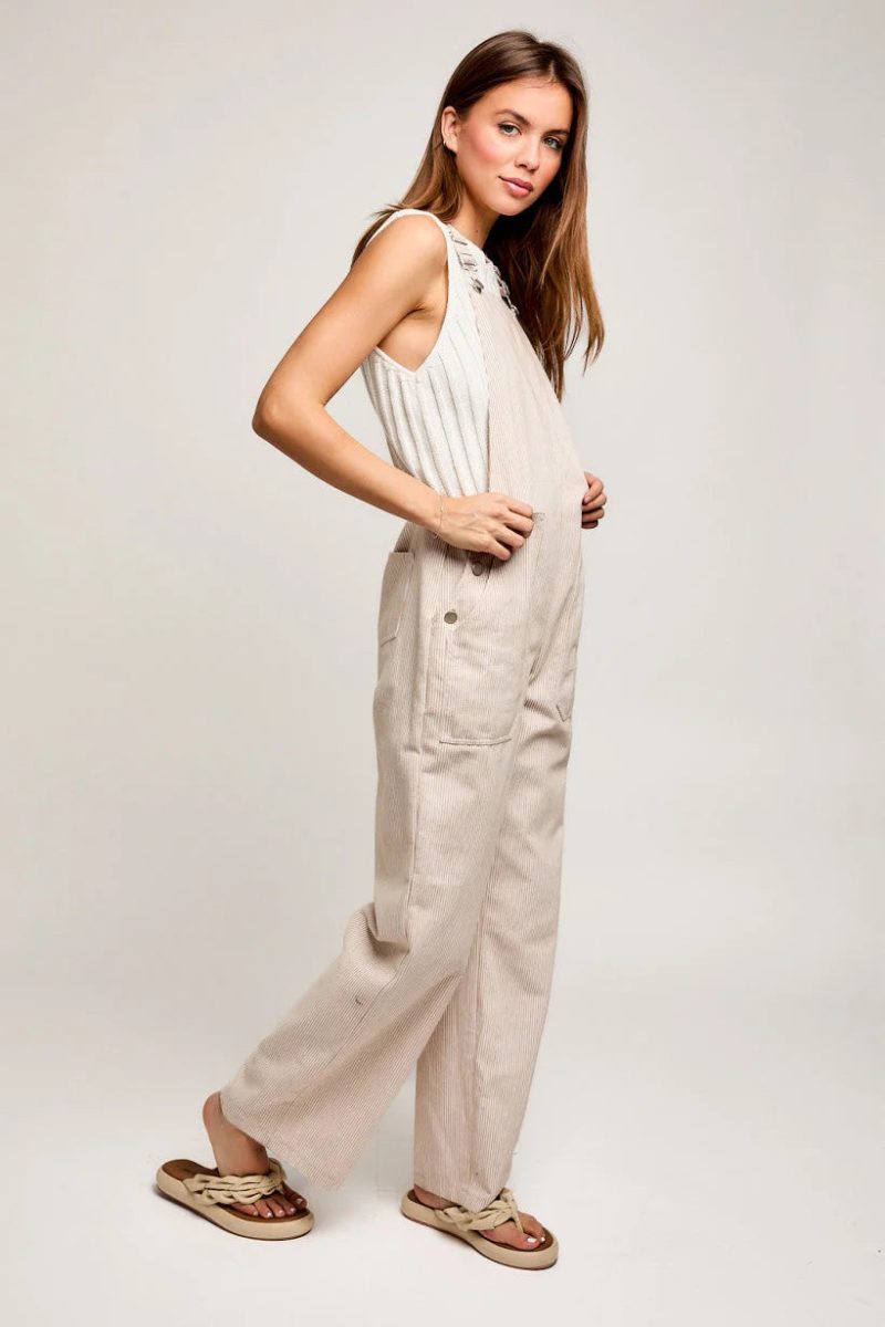 trendy bohemian woman sleeveless white wide leg stripe jumpsuit 221