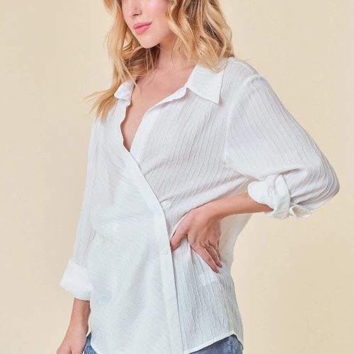 trendy bohemian woman white blouse textured point collar wrap top 200