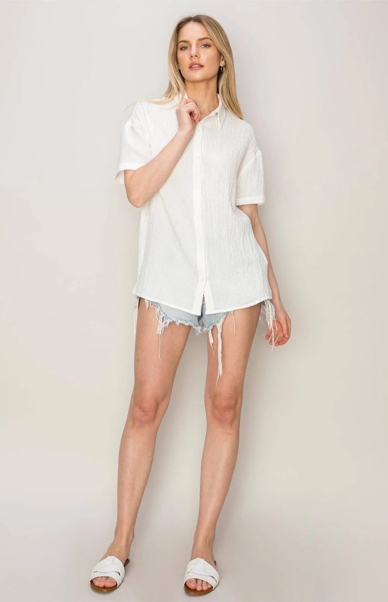 trendy bohemian woman white button up textured oversized button down 182