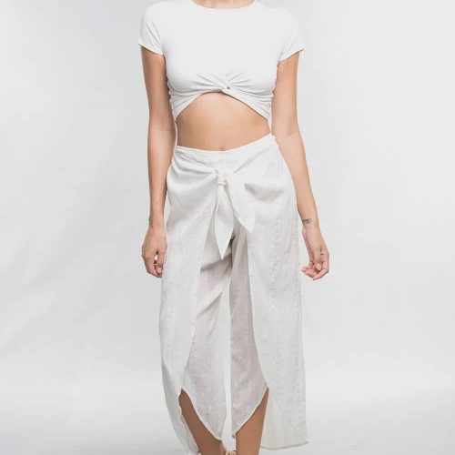 trendy bohemian woman white crop wrap front pants daisy lane boutique 799