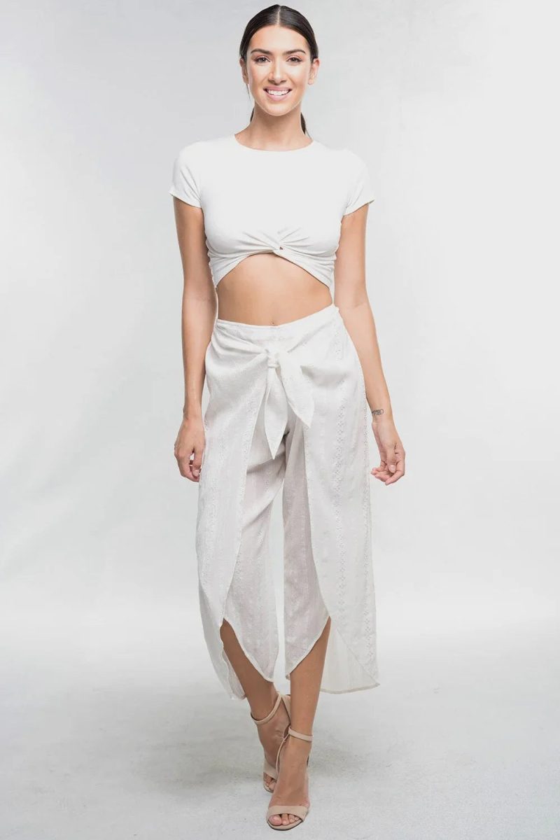 trendy bohemian woman white crop wrap front pants daisy lane boutique 799