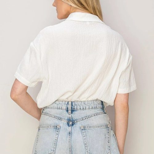 trendy bohemian woman white shirt textured oversized button down top 467