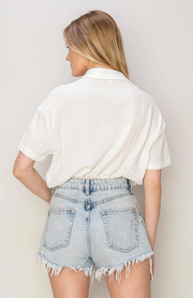 trendy bohemian woman white shirt textured oversized button down top 467