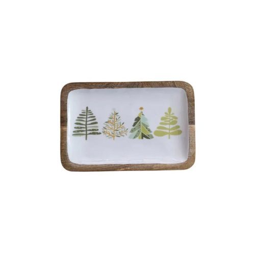 Rectangular Holiday Enamel Tray featuring painted evergreen trees on a white surface